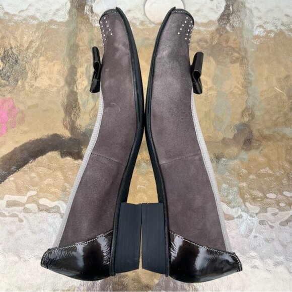 Un Tour En Ville Dark Grey Suede/Espresso Patent Leather Square Toe Slip On Shoe - Picture 4 of 14